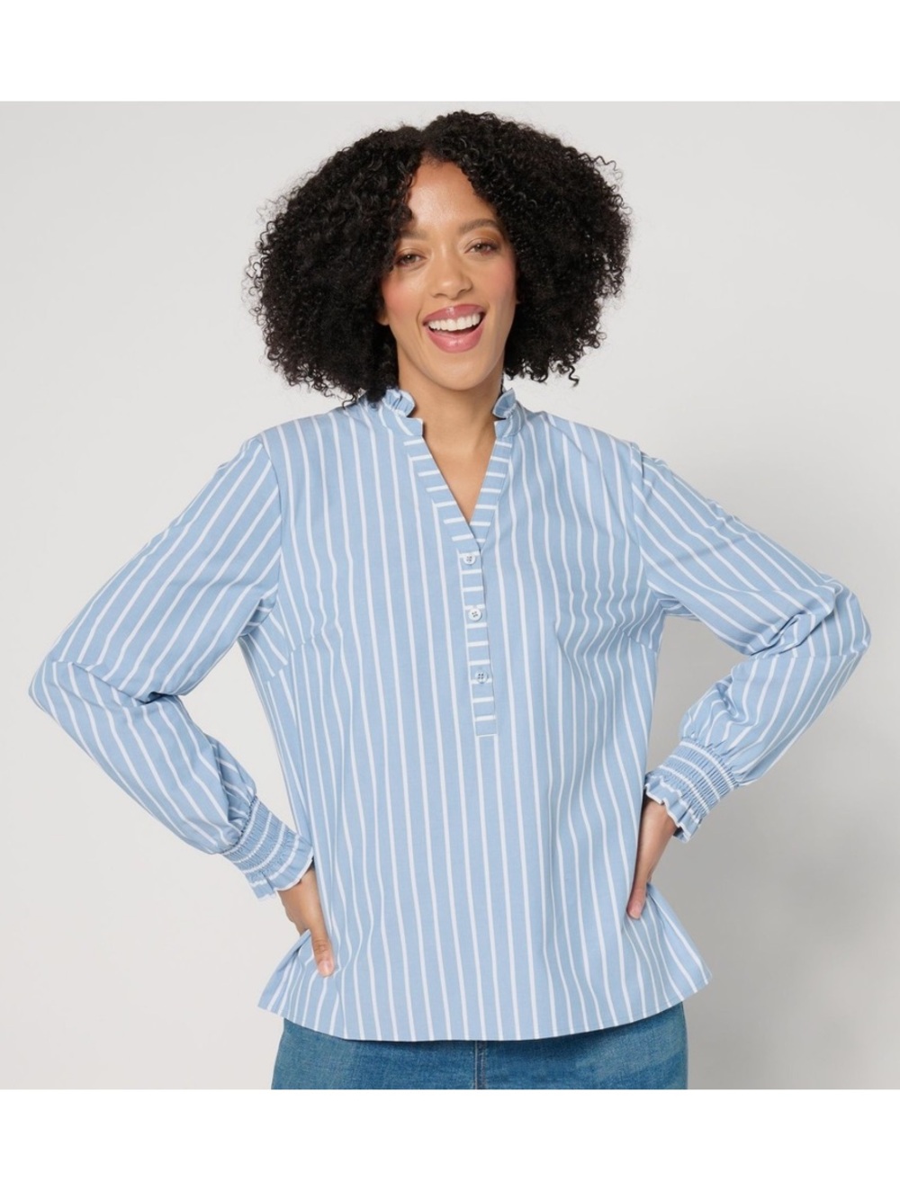 Studio Park Blue Striped Ruffle Collar Smocked Cuff Henley Top Size Small